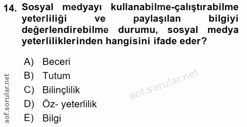 14. soru: Sosyal medyayı kullanabilme-çalıştırabilme yeterliliği ve paylaşılan bilgiyi değerlendirebilme durumu, sosyal medya y…