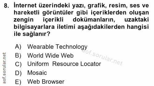 8. soru: İnternet üzerindeki yazı, grafik, resim, ses ve hareketli görüntüler gibi içeriklerden oluşan zengin içerikli doküman…