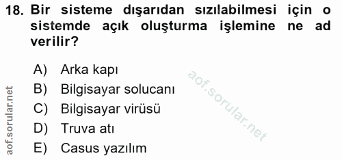 18. soru: Bir sisteme dışarıdan sızılabilmesi için o sistemde açık oluşturma işlemine ne ad verilir? A) Arka kapı B) Bilgisayar…