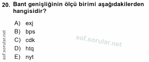 20. soru: Bant genişliğinin ölçü birimi aşağıdakilerden hangisidir? A) exj B) bps C) cdk D) htq E) nyt