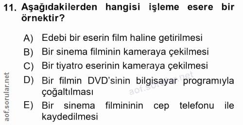 11. soru: Aşağıdakilerden hangisi işleme esere bir örnektir? A) Edebi bir eserin film haline getirilmesi B) Bir sinema filminin…