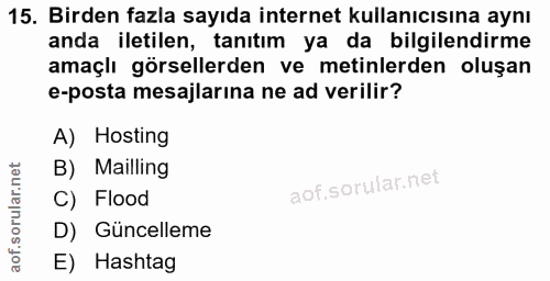 15. soru: Birden fazla sayıda internet kullanıcısına aynı anda iletilen, tanıtım ya da bilgilendirme amaçlı görsellerden ve met…