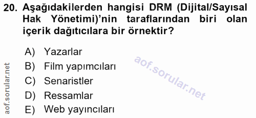 20. soru: Aşağıdakilerden hangisi DRM (Dijital/Sayısal Hak Yönetimi)'nin taraflarından biri olan içerik dağıtıcılara bir örnekt…