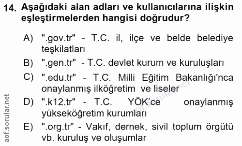 14. soru: Aşağıdaki alan adları ve kullanıcılarına ilişkin eşleştirmelerden hangisi doğrudur? A) "gov.tr" - T.C. il, ilçe ve be…