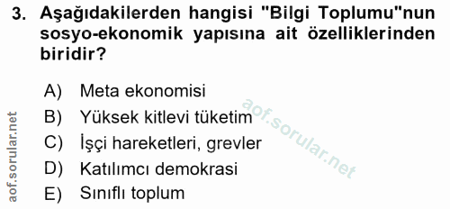 3. soru: Aşağıdakilerden hangisi "Bilgi Toplumu"nun sosyo-ekonomik yapısına ait özelliklerinden biridir? A) Meta ekonomisi B)…