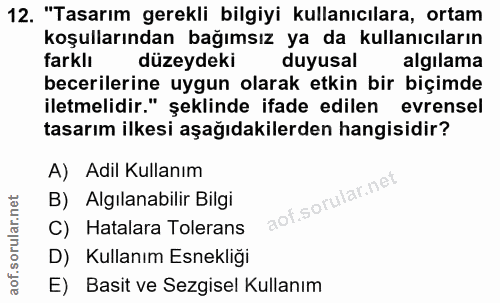 12. soru: "Tasarım gerekli bilgiyi kullanıcılara, ortam koşullarından bağımsız ya da kullanıcıların farklı düzeydeki duyusal al…