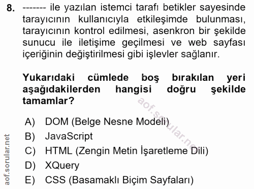 8. soru: --- ile yazılan istemci tarafı betikler sayesinde tarayıcının kullanıcıyla etkileşimde bulunması, tarayıcının kontrol…
