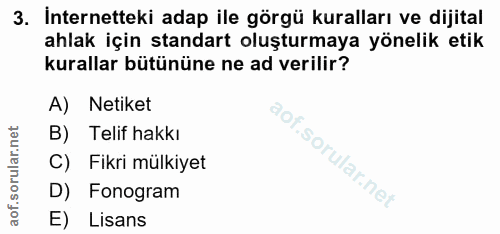 3. soru: İnternetteki adap ile görgü kuralları ve dijital ahlak için standart oluşturmaya yönelik etik kurallar bütününe ne ad…