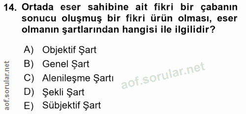 14. soru: Ortada eser sahibine ait fikri bir çabanın sonucu oluşmuş bir fikri ürün olması, eser olmanın şartlarından hangisi il…