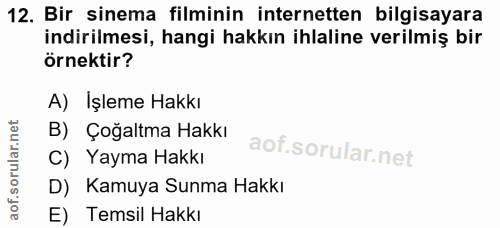 12. soru: Bir sinema filminin internetten bilgisayara indirilmesi, hangi hakkın ihlaline verilmiş bir örnektir? A) Işleme Hakkı…