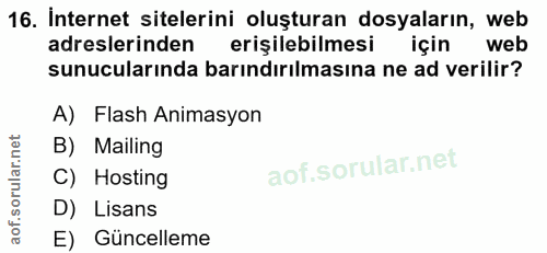 16. soru: İnternet sitelerini oluşturan dosyaların, web adreslerinden erişilebilmesi için web sunucularında barındırılmasına ne…