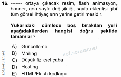 16. soru: - ortaya çıkacak resim, flash animasyon, banner, ana sayfa değişikliği, sayfa eklentisi gibi tüm görsel ihtiyaçların…