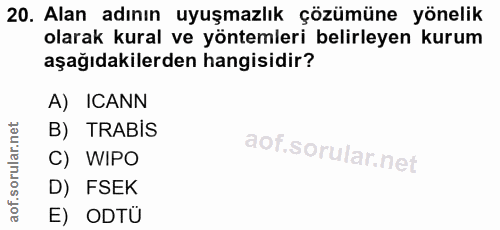 20. soru: Alan adının uyuşmazlık çözümüne yönelik olarak kural ve yöntemleri belirleyen kurum aşağıdakilerden hangisidir? A) IC…