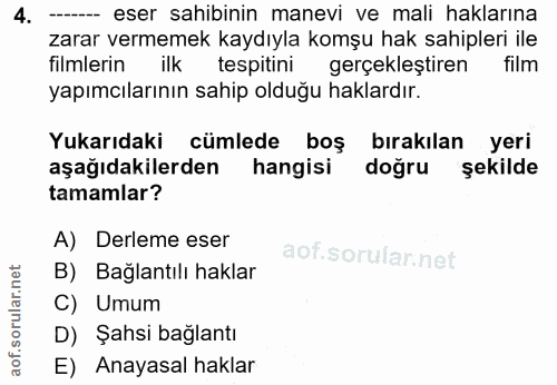 4. soru: ----- eser sahibinin manevi ve mali haklarına zarar vermemek kaydıyla komşu hak sahipleri ile filmlerin ilk tespitini…