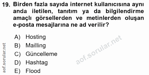 19. soru: Birden fazla sayıda internet kullanıcısına aynı anda iletilen, tanıtım ya da bilgilendirme amaçlı görsellerden ve met…