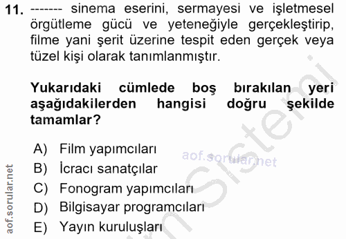 11. soru: ---- sinema eserini, sermayesi ve işletmesel örgütleme gücü ve yeteneğiyle gerçekleştirip, filme yani şerit üzerine t…