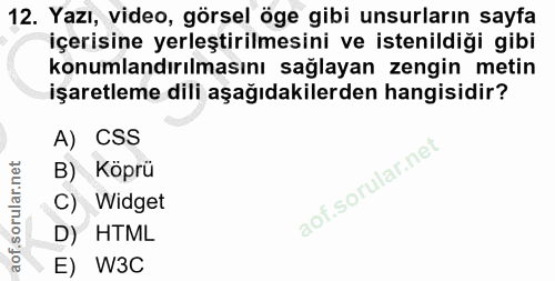 12. soru: Yazı, video, görsel öge gibi unsurların sayfa içerisine yerleştirilmesini ve istenildiği gibi konumlandırılmasını sağ…
