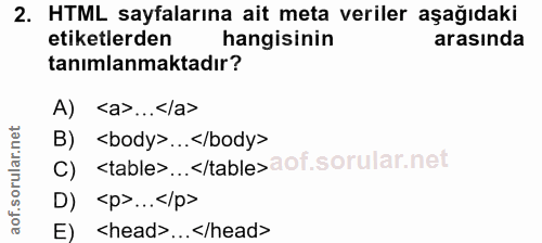 2. soru: HTML sayfalarına ait meta veriler aşağıdaki etiketlerden hangisinin arasında tanımlanmaktadır? A) <a>...</a> B) <body…