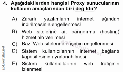 4. soru: Aşağıdakilerden hangisi Proxy sunucularının kullanım amaçlarından biri değildir? A) Zararlı yazılımların internet ağı…