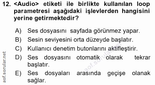 12. soru: <Audio> etiketi ile birlikte kullanılan loop parametresi aşağıdaki işlevlerden hangisini yerine getirmektedir? A) Ses…