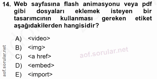 14. soru: Web sayfasına flash animasyonu veya pdf gibi dosyaları eklemek isteyen bir tasarımcının kullanması gereken etiket aşa…