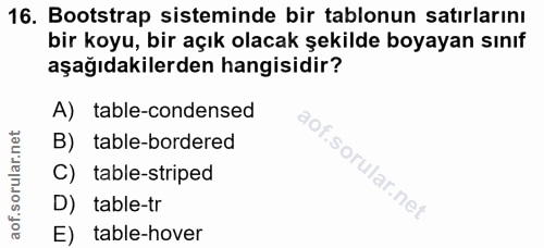 16. soru: Bootstrap sisteminde bir tablonun satırlarını bir koyu, bir açık olacak şekilde boyayan sınıf aşağıdakilerden hangisi…