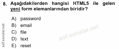 8. soru: Aşağıdakilerden hangisi HTML5 ile gelen yeni form elemanlarından biridir? A) password B) email C) file D) text E) reset