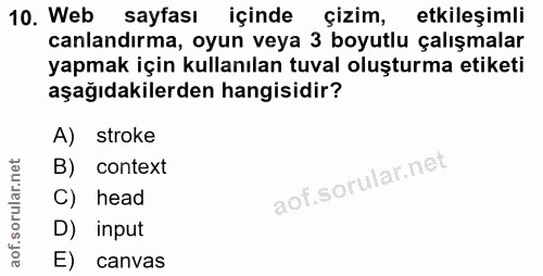 10. soru: Web sayfası içinde çizim, etkileşimli canlandırma, oyun veya 3 boyutlu çalışmalar yapmak için kullanılan tuval oluştu…