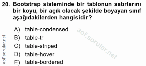 20. soru: Bootstrap sisteminde bir tablonun satırlarını bir koyu, bir açık olacak şekilde boyayan sınıf aşağıdakilerden hangisi…