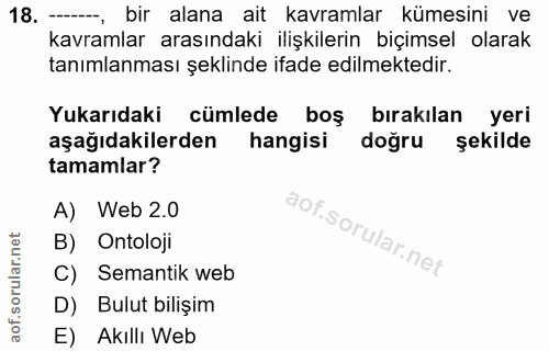 18. soru: ——, bir alana ait kavramlar kümesini ve kavramlar arasındaki ilişkilerin biçimsel olarak tanımlanması şeklinde ifade…