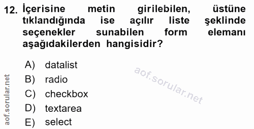 12. soru: İçerisine metin girilebilen, üstüne tıklandığında ise açılır liste şeklinde seçenekler sunabilen form elemanı aşağıda…