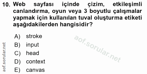 10. soru: Web sayfası içinde çizim, etkileşimli canlandırma, oyun veya 3 boyutlu çalışmalar yapmak için kullanılan tuval oluştu…