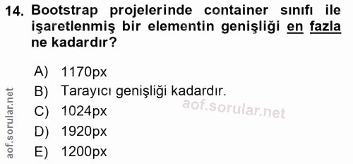 14. soru: Bootstrap projelerinde container sinifi ile işaretlenmiş bir elementin genişliği en fazla ne kadardır? A) 1170px B) T…