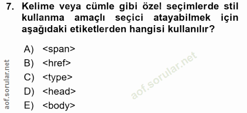 7. soru: Kelime veya cümle gibi özel seçimlerde stil kullanma amaçlı seçici atayabilmek için aşağıdaki etiketlerden hangisi ku…