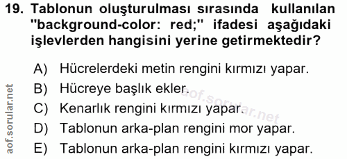 19. soru: Tablonun oluşturulması sırasında kullanılan "background-color: red;" ifadesi aşağıdaki işlevlerden hangisini yerine g…