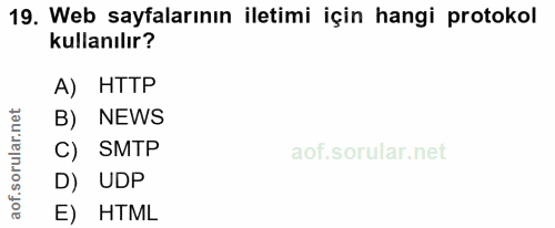 19. soru: Web sayfalarının iletimi için hangi protokol kullanılır? A) HTTP B) NEWS C) SMTP D) UDP E) HTML