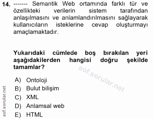 14. soru: -- Semantik Web ortamında farklı tür ve özellikteki verilerin sistem taratından anlaşılmasını ve anlamlandırılmasını…