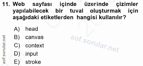 11. soru: Web sayfası içinde üzerinde çizimler yapılabilecek bir tuval oluşturmak için aşağıdaki etiketlerden hangisi kullanılı…
