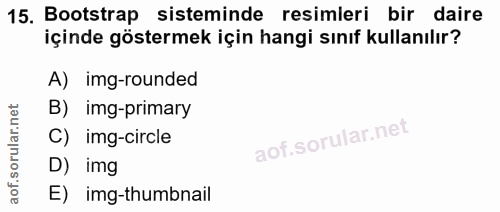 15. soru: Bootstrap sisteminde resimleri bir daire içinde göstermek için hangi sınıf kullanılır? A) img-rounded B) img-primary…