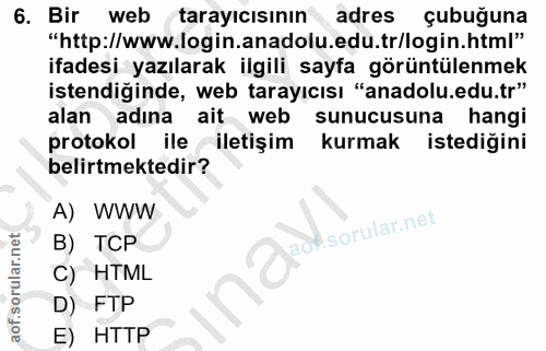 6. soru: Bir web tarayıcısının adres çubuğuna "http://www.login.anadolu.edu.tr/login.html" istendiğinde, web tarayıcısı "anado…