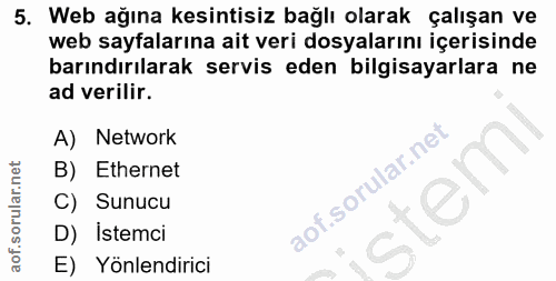 5. soru: Web ağına kesintisiz bağlı olarak çalışan ve web sayfalarına ait veri dosyalarını içerisinde barındırılarak servis ed…