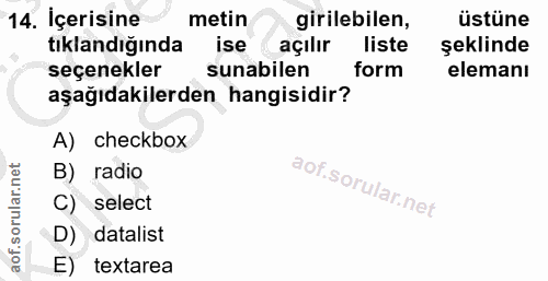 14. soru: İçerisine metin girilebilen, üstüne tıklandığında ise açılır liste şeklinde seçenekler sunabilen form elemanı aşağıda…