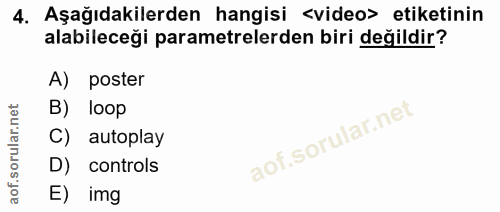 4. soru: Aşağıdakilerden hangisi <video> etiketinin alabileceği parametrelerden biri değildir? A) poster B) loop autoplay D) c…