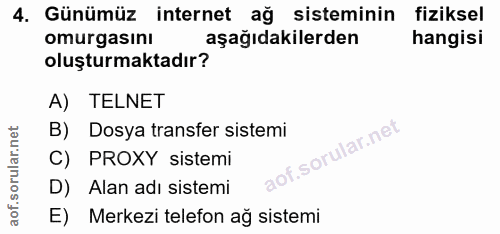 4. soru: Günümüz internet ağ sisteminin fiziksel omurgasını aşağıdakilerden hangisi oluşturmaktadır? A) TELNET B) Dosya transf…