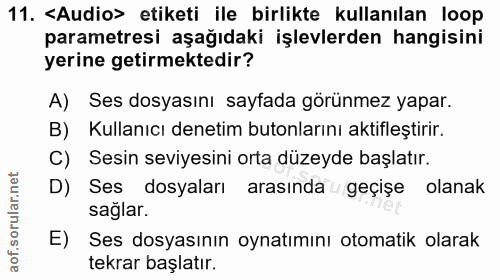 11. soru: <Audio> etiketi ile birlikte kullanılan loop parametresi aşağıdaki işlevlerden hangisini yerine getirmektedir? A) Ses…