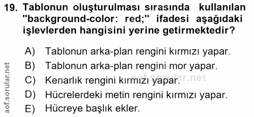 19. soru: Tablonun oluşturulması sırasında kullanılan "background-color: red;" ifadesi aşağıdaki işlevlerden hangisini yerine g…