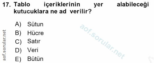 17. soru: Tablo içeriklerinin yer alabileceği kutucuklara ne ad verilir? A) Sütun B) Hücre C) Satır D) Veri E) Bütün
