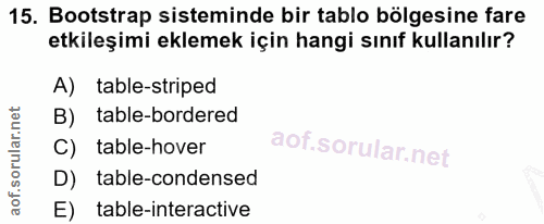 15. soru: Bootstrap sisteminde bir tablo bölgesine fare etkileşimi eklemek için hangi sınıf kullanılır? A) table-striped B) tab…