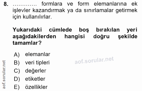 8. soru: ..... formlara ve form elemanlarına ek işlevler kazandırmak ya da sınırlamalar getirmek için kullanılırlar. Yukarıdak…