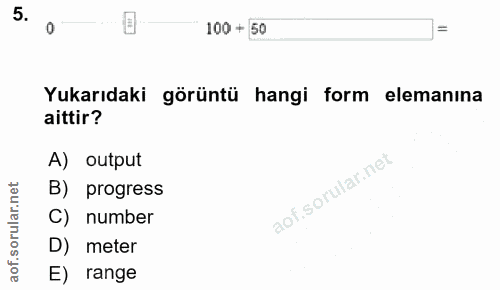 5. soru: 100+50 0 Yukarıdaki görüntü hangi form elemanına aittir? A) output B) progress C) number D) meter E) range